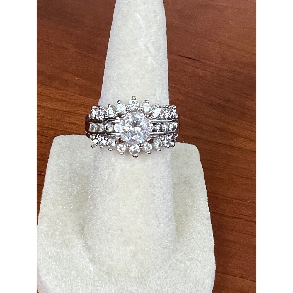 Silver Tone Round Cut Sunburst Halo Multi Row Pave Statement Ring Size 5